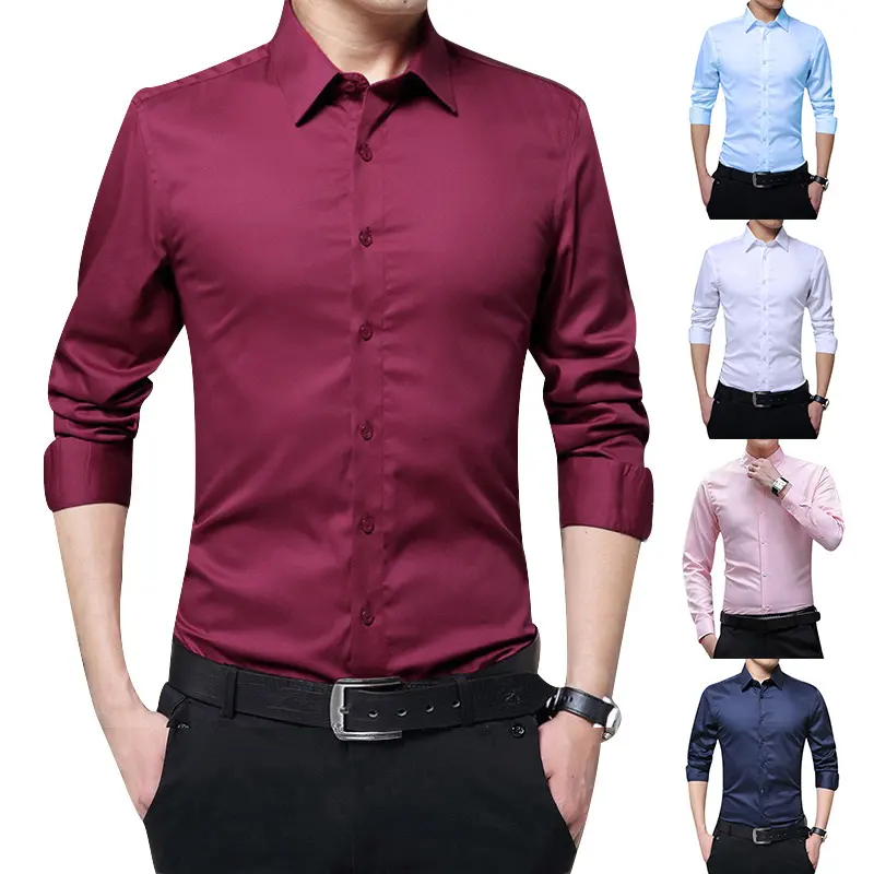 Office Blue Long Sleeve Cotton Official Shirt Men Dress