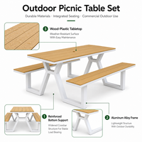 Table de pique-nique extérieure en métal durable et WPC, 6-8 places, imperméable, légère, moderne, pour hôtel, restaurant, café, événements, chaises incluses