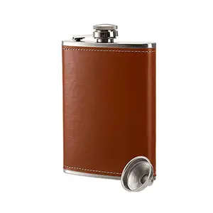 8 oz Hip Flask and Funnel, Leak Proof Stainless Steel Pocket Hip Flask with Brown Leather Cover for Whiskey, Rum and Vodka