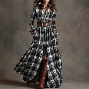 Robe midi à carreaux pour femmes grandes tailles, ourlet asymétrique, robe décontractée vintage amincissante - Product Image 4