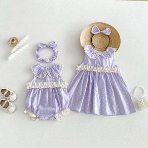 Ensemble assorti <span class=keywords><strong>pour</strong></span> sœurs : Combinaison sans manches et robe à pois violets <span class=keywords><strong>pour</strong></span> bébés et petites filles – Idéal <span class=keywords><strong>pour</strong></span> le quotidien et les séances <span class=keywords><strong>photo</strong></span> de vacances - Product Image 3