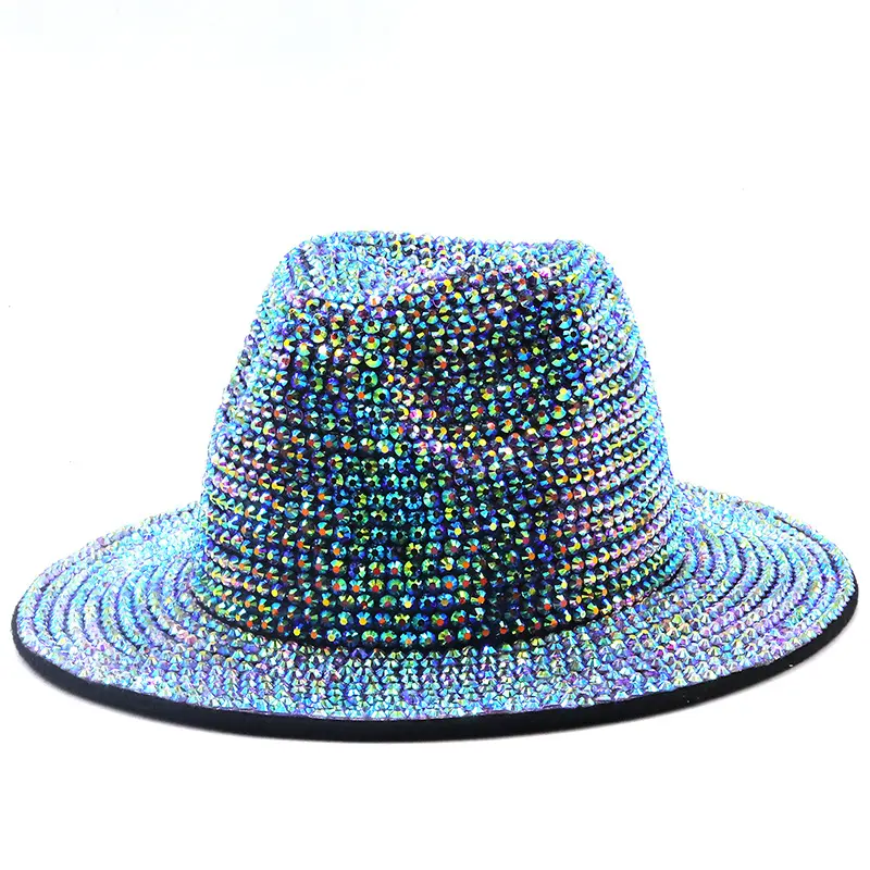 Nuovo Design Lady Stage Party Bling cappelli Fedora con strass cappello in feltro Jazz con diamanti pieni donna cappello Fedora con paillettes colorate a tesa larga