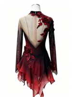 Robe de patinage artistique à col dégradé rouge vin et noir, manches longues, maille florale 3D, dos ouvert, pour compétition et spectacle