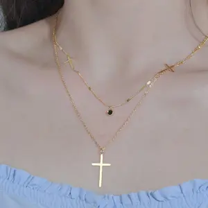 Popular Design Christianity Stainless Steel 18k Gold Plated 3pcs Crucifix Cross Multilayer Necklace Set