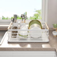 Rak piring dapur multifungsi, lemari dapur kapasitas besar multifungsi, Laci, pegangan kayu, penyimpanan, Pengering piring