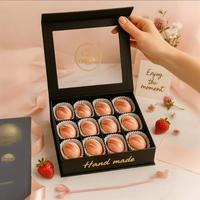 Récipient en papier de luxe avec logo en or en chocolat Boîte cadeau de madeleines de stockage de boulangerie personnalisée pour la Saint-Valentin Boîte magnétique avec fenêtre