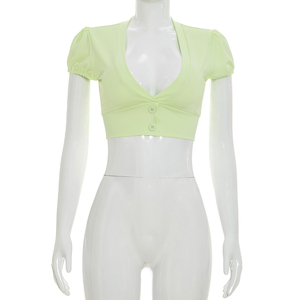 Viviblook C26TP186 T-shirt d'été pour femme, nouveau haut court uni à manches courtes et col bas avec boutons pour femmes - Product Image 1