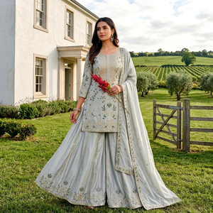 Light Blue Silk Traditional Indian Pakistani <b>Women</b> Floor-Length <b>Kurta</b> Set With Dupatta Loose Fit Ethnic Outfit All Seasons - Product Image 1