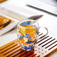 Tasse en verre à double paroi en borosilicate de 350 ml avec poignée, résistante à la chaleur, pour le petit-déjeuner et le café, avec fleurs séchées