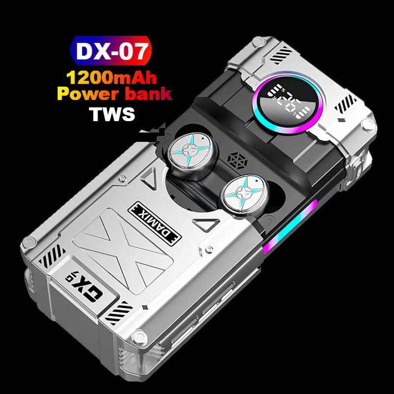 Keren DX-07 TWS V5.3 1200mAh kotak pengisian daya Bank daya Headphone nirkabel Gaming logam 9D Stereo olahraga earbud Earphone