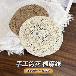 2025 nouveauté femmes à la main <span class=keywords><strong>Crochet</strong></span> béret printemps et été mince tissé creux sac tête casquette décontracté artistique peintre chapeau - Product Image 3