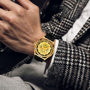 Vente en gros, expédition immédiate : Montre homme japonaise étanche en acier inoxydable avec mouvement mécanique doré et design squelette, verre minéral - Product Image 3