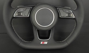 Volant de voiture en cuir noir perforé avec surpiqûres blanches et boutons multifonctions pour Audi <span class=keywords><strong>A3</strong></span>/A6/Q5/Q7 et RS <span class=keywords><strong>Line</strong></span> - Product Image 4
