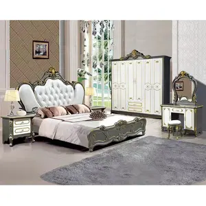 Juegos de muebles de dormitorio King de lujo de diseño europeo, cama King Size real, cama doble de cuero con cabecero