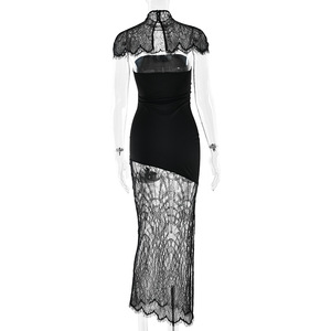 Robe longue de soirée asymétrique moulante noire en dentelle à col halter pour femme - Product Image 4