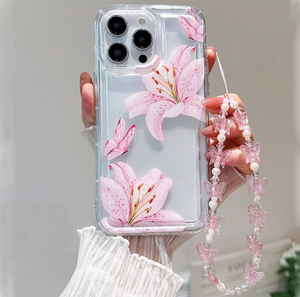 Coque de téléphone portable anti-chute et antichoc avec bracelet, motif fleur de lys rose, pour <span class=keywords><strong>iPhone</strong></span> 11 12 13 14 15 16 17 - Product Image 3