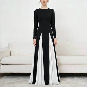 Robe de soirée longue à manches longues pour femmes, robe de soirée élégante en patchwork de chiffon noir, robe de soirée élégante pour femmes - Product Image 1