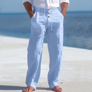 <span class=keywords><strong>Pantaloni</strong></span> Estivi da <span class=keywords><strong>Uomo</strong></span> in <span class=keywords><strong>Lino</strong></span> 145gsm Lavati Traspiranti Tinta Unita con Coulisse per la Spiaggia - Product Image 6