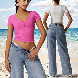 Camiseta de Mujer de Verano Vintage, Informal, Versátil, Simple, Cómoda, de Secado Rápido, Cuello en V, Manga Corta, Precio Económico de Fábrica - Product Image 3