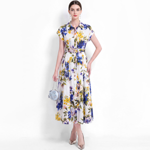 Vestido Camisero Largo de Verano para Mujer, Color Blanco y Azul, Cuello Camisero, Manga Corta, Botones al Frente, Cintura con Cinturón, Estampado Digital - Product Image 2