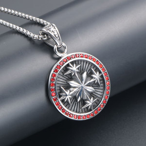 Collier avec pendentif étoile en acier inoxydable, gris argenté avec diamants rouges, design rond pour hommes et femmes, bijoux à la mode SP736 - Product Image 2