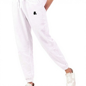 <b>White</b> Women's <b>Harem</b> <b>Pants</b> Mid Waist Drawstring Casual Loose Fit Full Length Cotton Solid Color With Pockets Right Leg Logo - Product Image 1
