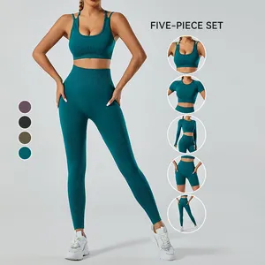 5 parça kadın dikişsiz sıkı nefes spor giyim açık bisiklet yoga kıyafeti