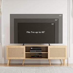 Soporte para <span class=keywords><strong>TV</strong></span> de 65'', Centro de Entretenimiento con Puerta de Ratán, Estantes y 2 Gabinetes, Consola Multimedia Larga Estilo Boho para Sala de Estar, Natural - Product Image 4