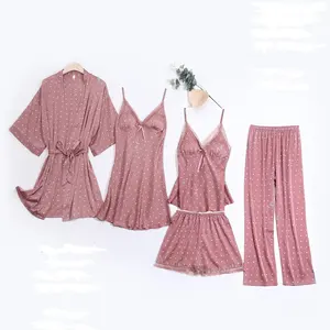 New Arrival Silk 5pcs Pajamas Set Printed Lovely Pijamas de Satin Spring Summer Breathable Women Sleep Set