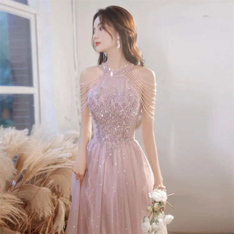 Bridesmaid Pink evening dress Lady Temperament fringe sequined party dress Host long dress