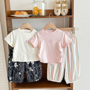 Girls Summer Clothing Set Korean Style <b>Short</b> Sleeve Printed T Shirt and <b>Harem</b> Pants Soft Cotton Beach Outfit 2 Piece Set - Product Image 4
