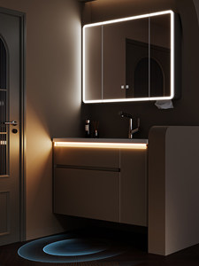Cream colored double-layer storage waterproof and moisture-proof all aluminum intelligent <b>mirror</b> cabinet bathroom cabinet - Product Image 2