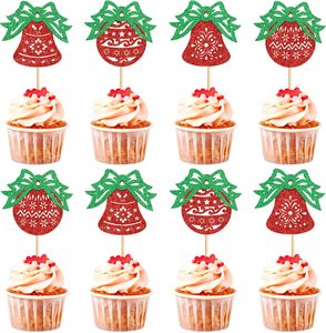 Décorations de cupcakes Joyeux Noël, pics <span class=keywords><strong>à</strong></span> gâteau avec nœuds verts et clochettes rouges, pour les fêtes de Noël, du Nouvel An et les anniversaires - Product Image 1