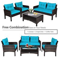 Ensemble de 4 pièces en rotin turquoise pour patio, meubles d'extérieur en osier, canapés de jardin, coussins de causeuse de jardin, dessus en verre, café.