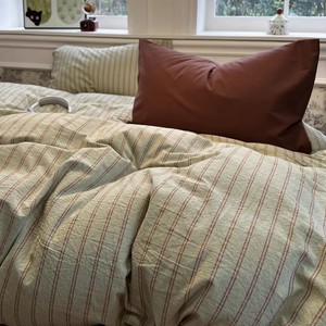Juego de Ropa de Cama de Algodón Puro de Estilo Nórdico Minimalista en Azul y Verde, Juego de Edredón de Cuatro Piezas con Rayas para Apartamento, Sábana - Product Image 3