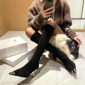 Оптовая продажа, 2025 пикантные Сапоги на каблуке 7,5 см с острым носком в западном стиле, замшевые сапоги с подкладкой из свиной кожи, металлическая подошва - Product Image 4