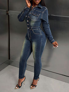 Mono vaquero retro casual de manga larga para mujer, estilo halter, ajustado, de punto, liso, para fiestas de primavera y salidas. - Product Image 2