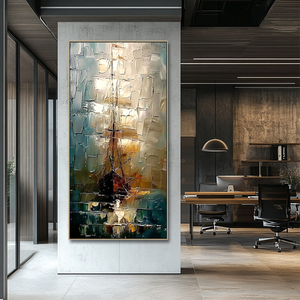 Décoration de bureau, toile peinte à la main, peintures abstraites de bateaux à voile dorés, paysages marins, art mural moderne texturé 3D - Product Image 3