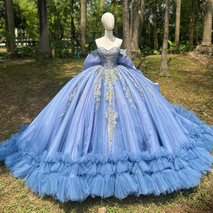Robe de soirée longue moderne et élégante bleue, style robe de bal, en <span class=keywords><strong>dentelle</strong></span>, avec sequins et perles, pour Quinceañera, fabriquée aux États-Unis - Product Image 1