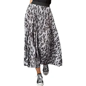 Leopard Printed Pleated Maxi Skirt for Women Casual Summer and Autumn Style Loose Long Skirt Made of Polyester Fabric