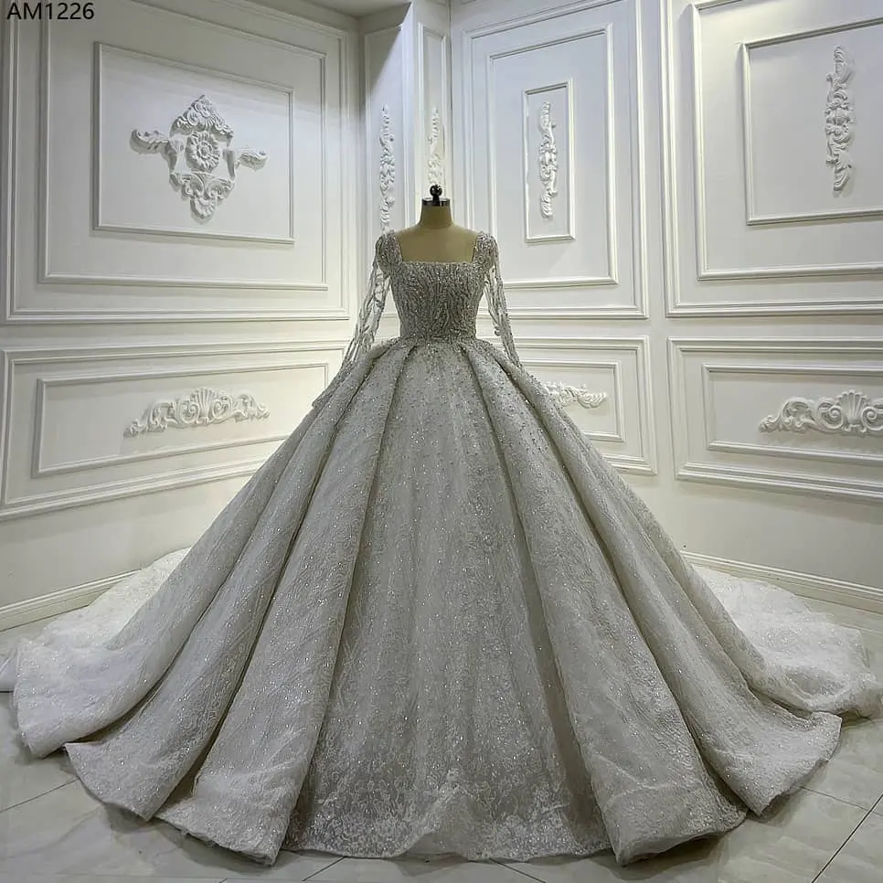 AM1226 Luxury Crystal Wedding Bridal Dresses long sleeve folds Princess elegant ball gown