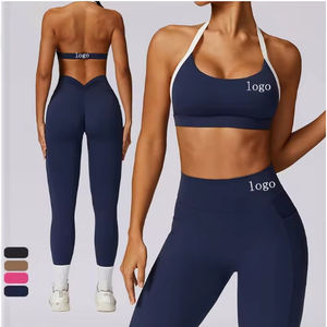 Conjunto de Yoga con Diseño Nuevo, Cepillado, a Prueba de Impactos, Sujetador Deportivo con Cuello Halter, Leggings de Cintura Alta sin Espalda con Bolsillo, Conjunto de Fitness para Gimnasio - Product Image 1