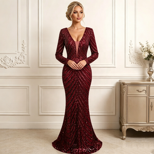 Abito da sera in <span class=keywords><strong>Chiffon</strong></span> rosso lungo fino al pavimento per donne di fascia alta con Silhouette a coda di pesce lucida a maniche lunghe - Product Image 4