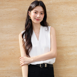 Blue V-neck Sleeveless Chiffon Top Solid Color <b>Wrap</b> And Tie Office Women's Blouse Polyester Fiber Shirt Set - Product Image 2