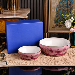 Juego de vajilla de porcelana rosa vintage con diseño floral bajo esmalte, estilo italiano, platos y cuencos de cerámica con caja de regalo para banquetes. - Product Image 4