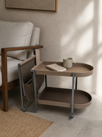 Table basse moderne à deux niveaux en forme de D avec poche de rangement suspendue, en cuir et acier, pour salon et mobilier de maison – Vente directe usine