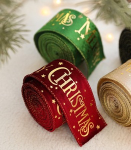 LINGKAI Luxury Eco-Friendly Handmade Gold Foil Merry Christmas Tiny Star Printed <b>Wired</b> Edge Satin <b>Ribbon</b> Roll 2m Length Custom - Product Image 6