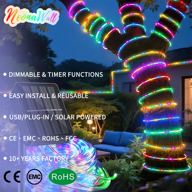 Wholesale Solar Powered LED Rope Lights IP65 Copper Wire Custom Color String Lights Outdoor Garden Christmas Decor Dimmable