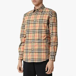 Oem Katoenen Knoop Lange Mouw Mode Shirt Fabrikant Streetwear Heren Shirts Casual Ruitjes Shirt Voor Mannen