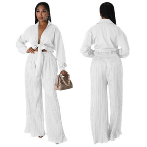 Casual 2‑Piece Women Matching <b>Set</b>, Lapel <b>Tie</b> Knot Blouse High Waist Pleated Wide Leg Pants, Vacation Party Outfit - Product Image 4